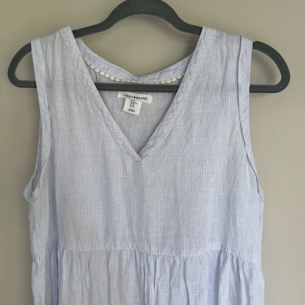 Lucky Brand 100% Linen Dress Blue Striped Tiered Skirt V-Neck Sleeveless Beachy - Picture 3 of 11